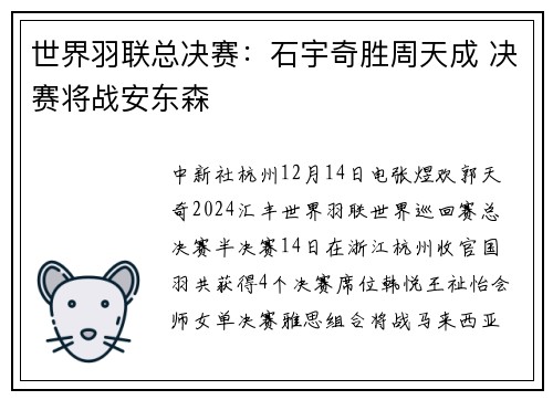 世界羽联总决赛：石宇奇胜周天成 决赛将战安东森